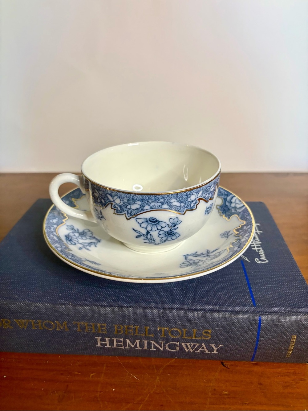Kioto Flow Blue Teacup and Saucer with Gold Trim